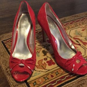 Red Suede Peep Toe Pumps